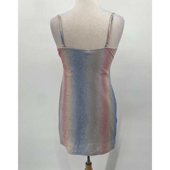 Vintage 90s Y2k Sparkle Mini Dress Glitter Ombre Stripe Silver Pink Blue Small - Picture 6 of 9